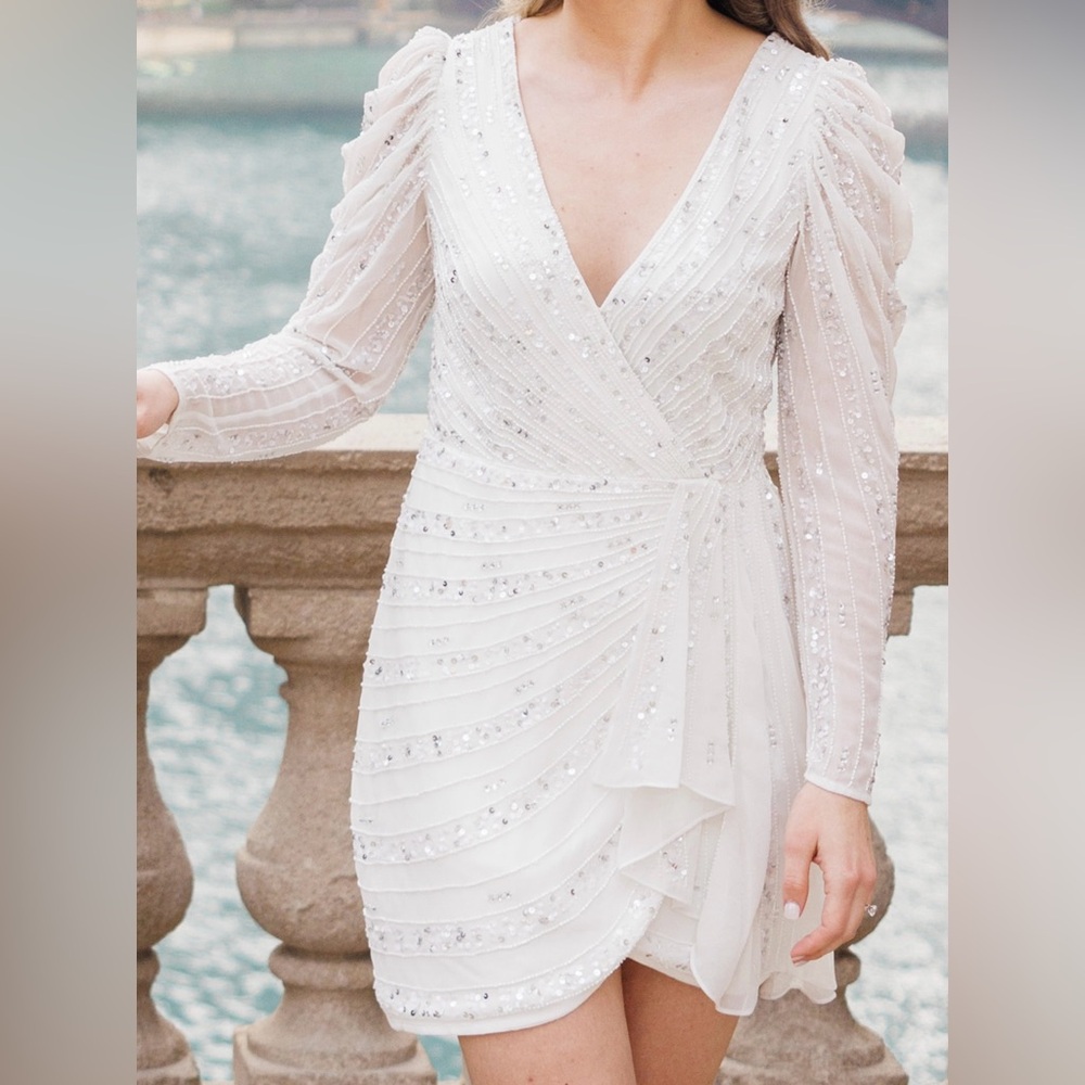 Aidan Mattox White Sheath Dress with Bishop Sleeves